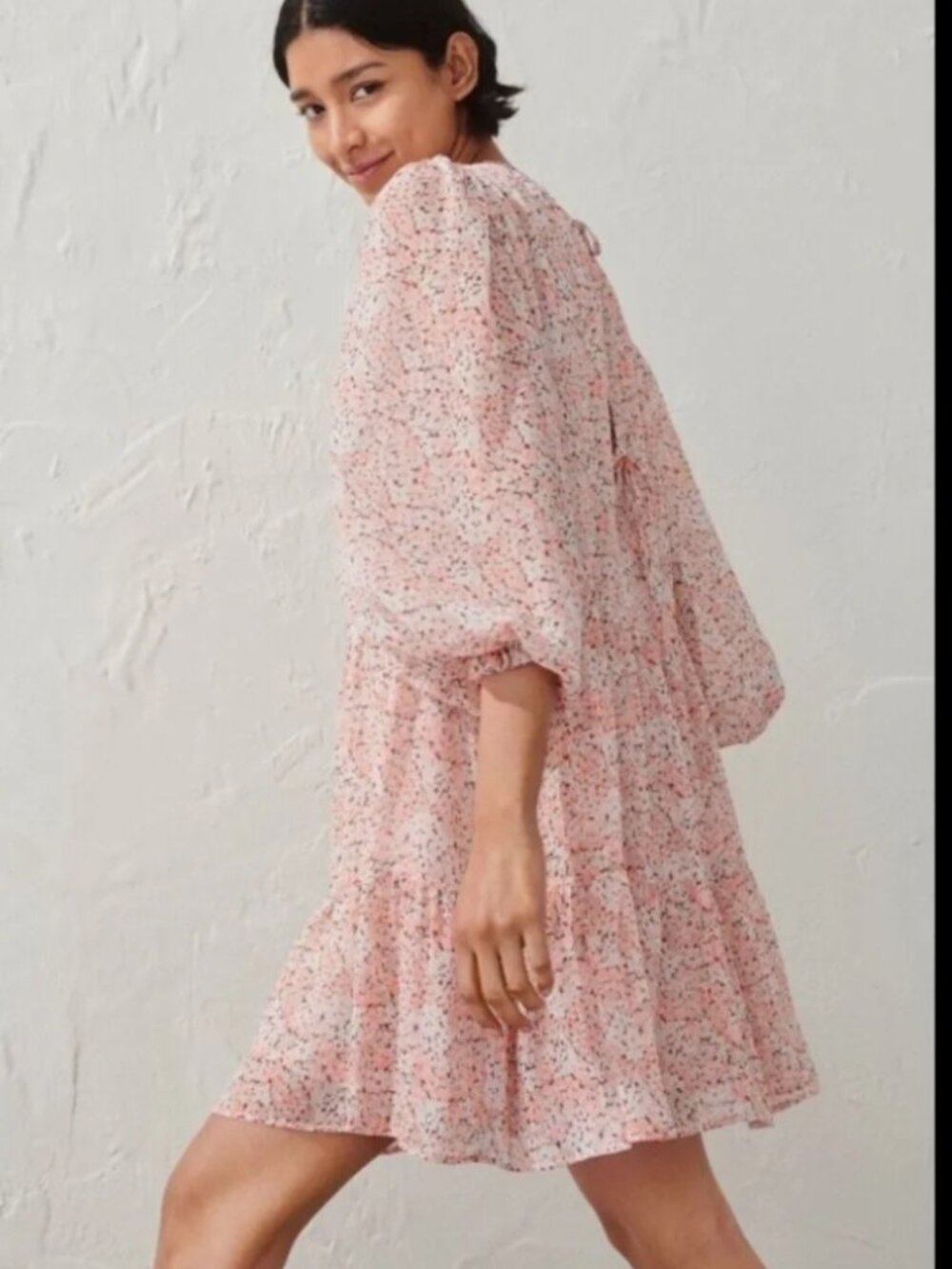 Boho tiered chiffon pink floral print dress wide cut ballon sleeve cottagecore